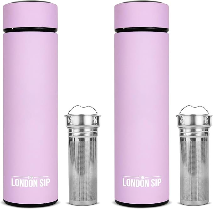 London Sip Multi-Purpose Travel Mug and Tumbler Fruit Infused Flask Hot and Cold Double Wall Stainless Steel Thermos with Extra-Long Infuser, Gentle Lilac, Pack of 2