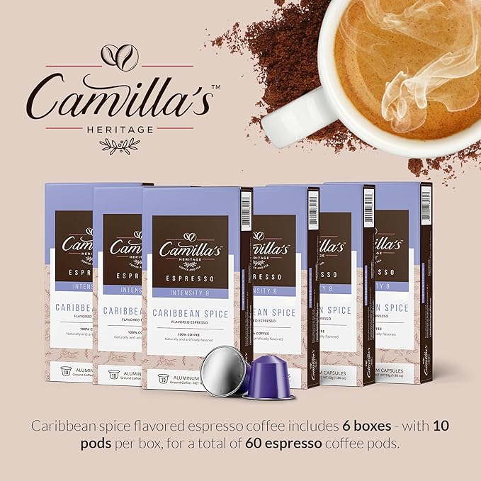 Camilla’s Heritage - Intensity 8 Caribbean Spice Flavored Espresso Coffee, Gourmet Espresso Cups, 60 Coffee Pods
