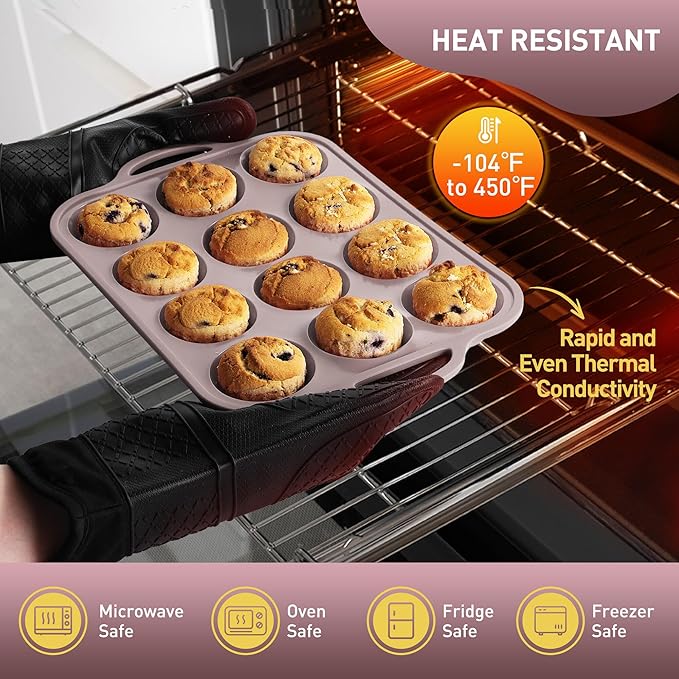 12 Cups Silicone Muffin Pan with Metal Reinforced Frame Regular Size Cupcake Pan Tray Egg Bites Silicone Cookie Molds Muffin Tin Best Baking Pans Tart Pan Sheet Set Reusable Cupcake Liners