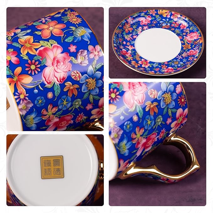 KAMMAK Tea Cups and Saucers Set of 2, Ceramic Coffee Cup with Saucer for Espresso, Cappuccino, 7oz Vintage Yellow and Blue Floral Porcelain Demitasse Mug for Home, Tea Party, Office