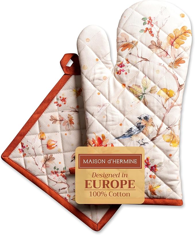 Maison d' Hermine 100% Cotton Oven Mitt & Pot Holder Set (7.5"x13" & 8"x8") Heat Resistant BBQ Cooking Gloves with Loop, Baking, Grilling, Kitchen, Handling Hot Pans (Kelim - Prairie)