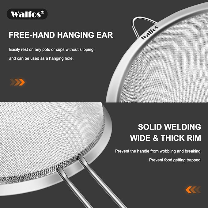 Walfos Fine Mesh Strainer Set of 3, Stainless Steel Wire Strainers for Kitchen, Multipurpose Metal Fine Sieve with Handle, Perfect for Food, Rice, Quinoa, 3", 5", 7"