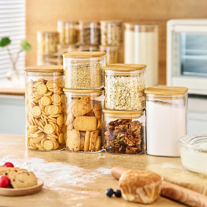 42oz & 27oz - 4 Pack Square Glass Jars with Bamboo Lids, Glass Food Storage Containers with Airtight Lids for Kitchen, Air Tight Pantry Storage Containers for Cereal, Pasta, Rice, Sugar, Coffee, Spice