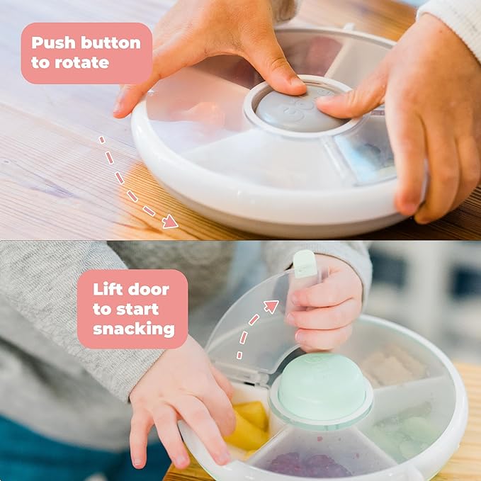 GoBe Kids Small Snack Spinner Flip Bundle with Hand Strap and Sticker Sheet - Reusable Snack Container with 5 Compartment Dispenser and Lid | BPA/PVC Free | Dishwasher Safe | No Spill - Taro Purple
