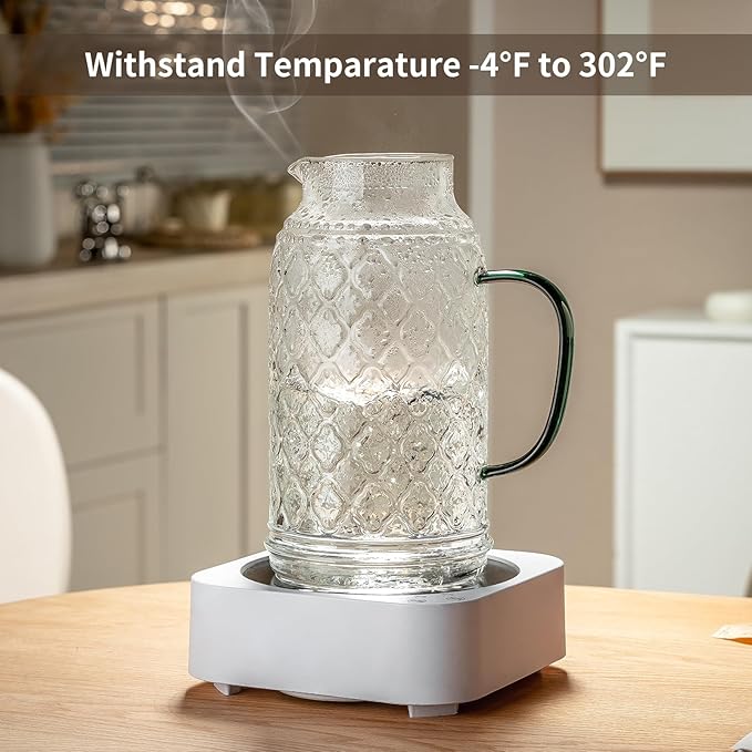 Glass Pitcher with Lid,84 oz/2.5 Liter Vintage Water Pitcher, Clear Borosilicate Glass Water Carafe for Cold Brew, Coffee, Lemonade, Iced Tea, Juice, Beverage, Heat Resistant Water Glass Jug