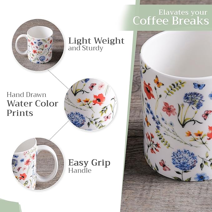 Maison d' Hermine Coffee Mug with Handles Fine Bone China Mugs Pack of Two Tea Cups for Hot Beverages Cappuccino Latte Home Restaurant Office Perfect for Gift (Just Floral, 12 Ounce)
