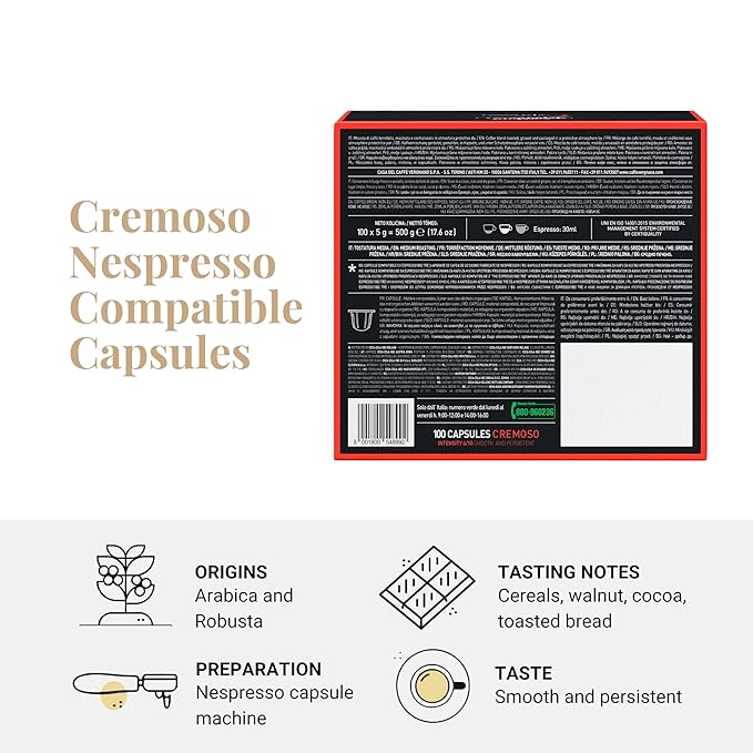 Caffe' Vergnano 1882 Medium Roast Espresso Original Line Machine Compatible Capsules, Arabica Robusta Espresso Coffee, Italian Coffee For Nespresso Coffee Machines, Intensity 6/10, Cremoso, 100 Ct