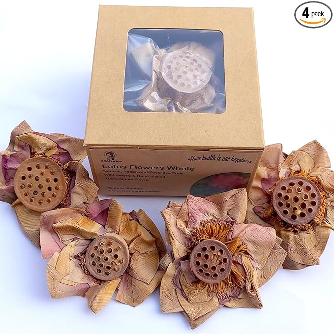 Lotus Flower Tea Bloom Flowering Teas, Dried Whole Blooming Tea Flowers, Blue Dried Flowers Flor De Loto, Delicious Intense Flavor, No Caffeine, Low Calorie (4 Flower Blooms)