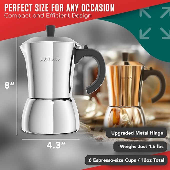 LuxHaus Moka Pot - 6 Cup Stovetop Espresso Coffee Maker - 100% Stainless Steel Italian and Cuban Mocha Coffee Maker