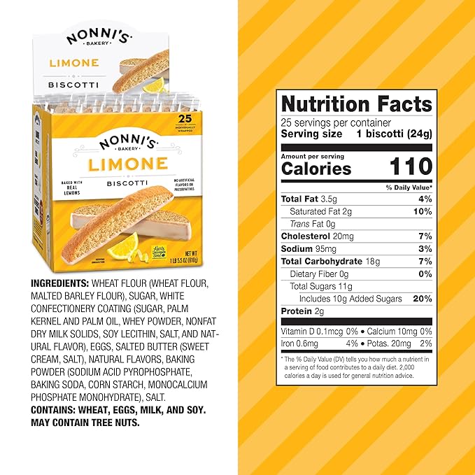 Nonni's Limone Lemon-Iced Biscotti Cookies – Individually Wrapped Italian Tea-Time Snack, Crunchy Twice-Baked, 110 Cal Each, 21.5 oz Carton, 2 Pack