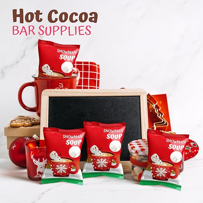 4E's Novelty 50 Packs "Snowman Soup" Mini Marshmallow Packets, Vanilla Flavored, 14 Marshmallows in Each Bag, Bulk Individually Wrapped Christmas Marshmallows For Hot Chocolate Bar Supplies Party Treats