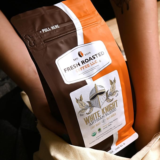 Fresh Roasted Coffee, Organic White Knight | USDA Organic, Kosher | Light Roast 12 oz, Whole Bean