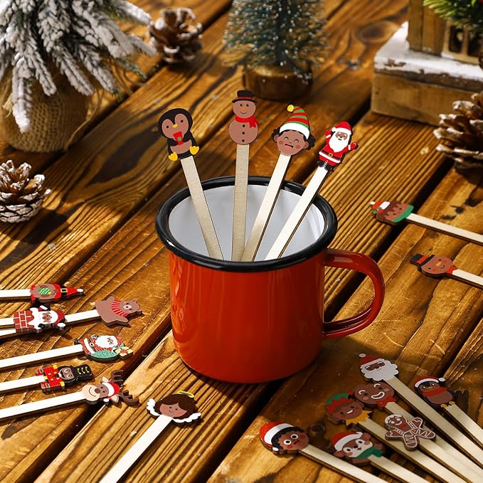 Mifoci 100 Pcs Christmas Wooded Coffee Stirrers African American Christmas Coffee Stir Sticks Disposable Stirring Sticks for Beverage Chocolate Hot Drink Party Supplies, 20 Styles (African American)