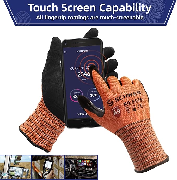 Schwer ProGuard Highest Level Cut Resistant Work Gloves PR3326 for Extreme Protection，ANSI A9 Cut Gloves with Reinforced Thumb, Non Slip, Breathable, Durable, Touch-screen, Non PFAS, Orange1 Pair（S）
