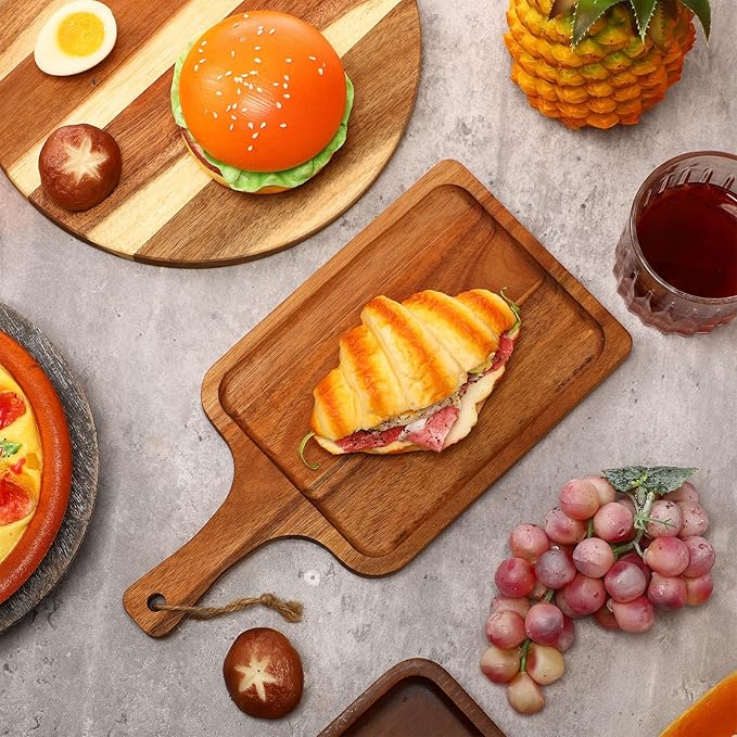 Tanlade 16 Pcs Acacia Wood Cutting Board with Handle Chopping Boards Decorative Charcuterie Platter Pizza Bread Cheese Fruit Serving Tray for Kitchen Counter Table Christmas Decorate(12 x 6 Inch)