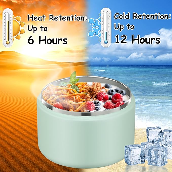 12oz Insulated Vacuum Food Jar with Buckle Lid Wide Mouth Soup Thermo for Hot Food Kids Leakproof Stainless Steel Lunch Container (Mint, 12OZ)