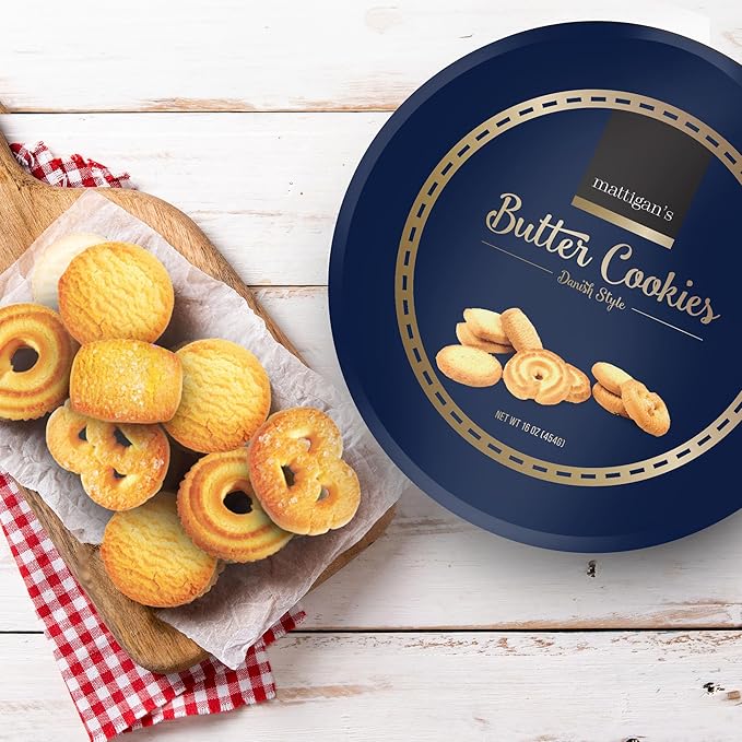 Mattigan's Butter Cookies Traditional Danish Style Cookie Assortment, 16 Oz Tin, Gourmet Gifts for Holidays, Birthday, Special Occasions, Snack Gift, Assorted Cookie Dessert Sweets, Reusable Metal Tin