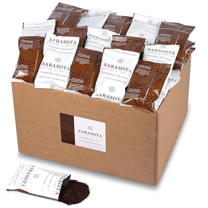 Sarasota Coffee Packs Bulk Ground Packets | Salted Caramel Flavored | Gourmet Gift Sampler | Low Acid Mold Free Individual Single Pot Pouches for 12 Cup Coffee Maker | 1.75 Oz Bags, 100 Count