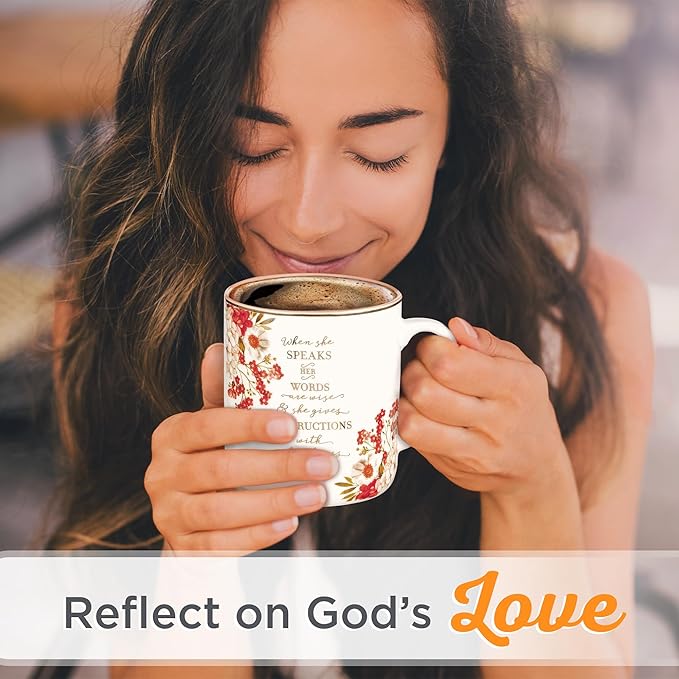 Christian Art Gifts Floral Ceramic Coffee Mug with Gold Rim – 14 oz. Lead & Cadmium-free, Non-toxic Inspirational Scripture Coffee & Tea Mug for Women with Bible Verse: When She Speaks –Proverbs 31:26