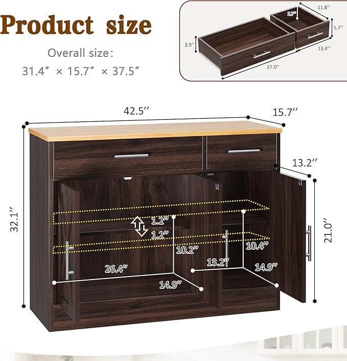 Vongrasig Sideboard Buffet Cabinet with Storage, 43” Farmhouse Coffee Bar Storage Cabinet with Drawers and Shelves, Modern Buffet Table for Kitchen, Dining Room, Rustic Brown