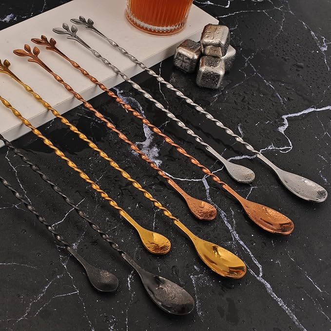 AnSaw Gold 12-Inch Stainless Steel Cocktail Spoon with Leaf Handle - Perfect for Mixing & Layering Drinks in Tall Cups, Bar & Shakers - Durable Long Handle Bar Stirrer,2-Pieces