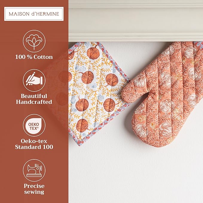 Maison d' Hermine 100% Cotton Oven Mitt & Pot Holder Set (7.5"x13" & 8"x8") Heat Resistant BBQ Cooking Gloves with Loop, Baking, Grilling, Kitchen, Handling Hot Pans (Harvest Festival)