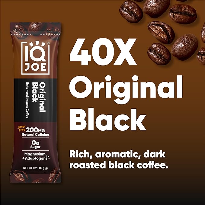 IQJOE Mushroom Coffee Packets (40 Servings) Lion’s Mane, Magtein Magnesium, Antioxidants, Adaptogens - Original Black - Instant Coffee for Focus, Clarity, Mood, Energy Boost - Sugar Free, Keto, Vegan