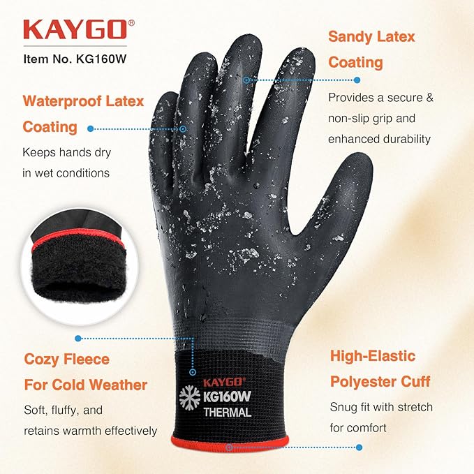 KAYGO Winter Waterproof Work Gloves for Men and Women, 3 Pairs Thermal Insulated Freezer Rubber Coated Gloves,Super Grip,KG160, M, Black