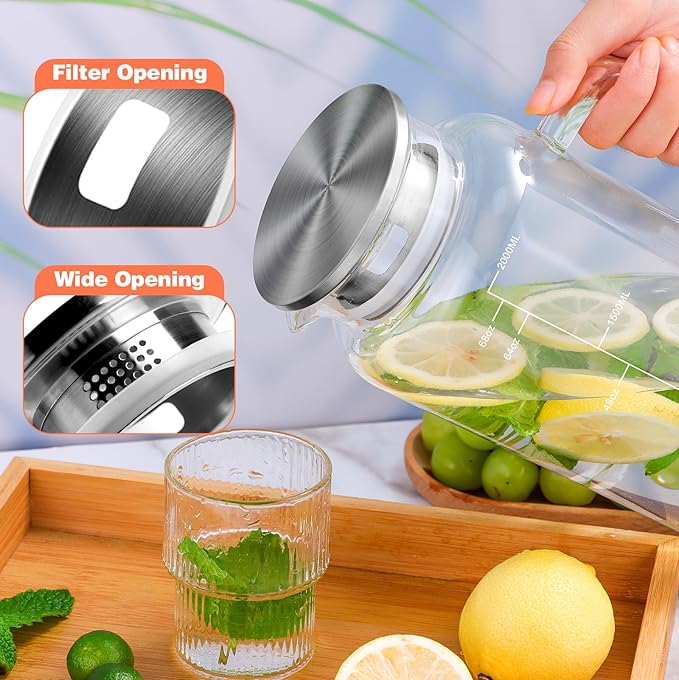 Aofmee 68oz Glass Pitcher with Lid, 2 Liter Water Carafe with Silicone Base and Precise Scale Line, Ice Tea Pitcher for Fridge, Anti-Slip Glass Jug for Sun Tea Juice Coffee Milk Beverage (Gray)