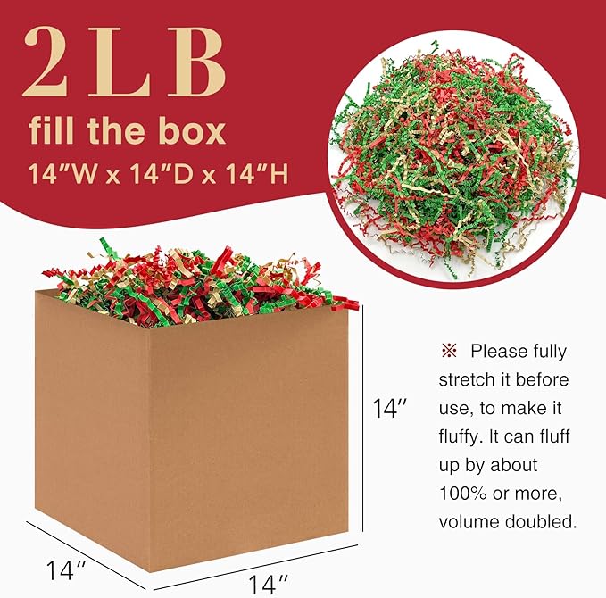 2LB Crinkle Cut Paper Shred Filler for Bag Gift Box Basket Confetti Paper Shreded Stuffing on Christmas Day Holiday(Green&Red&Kraft)
