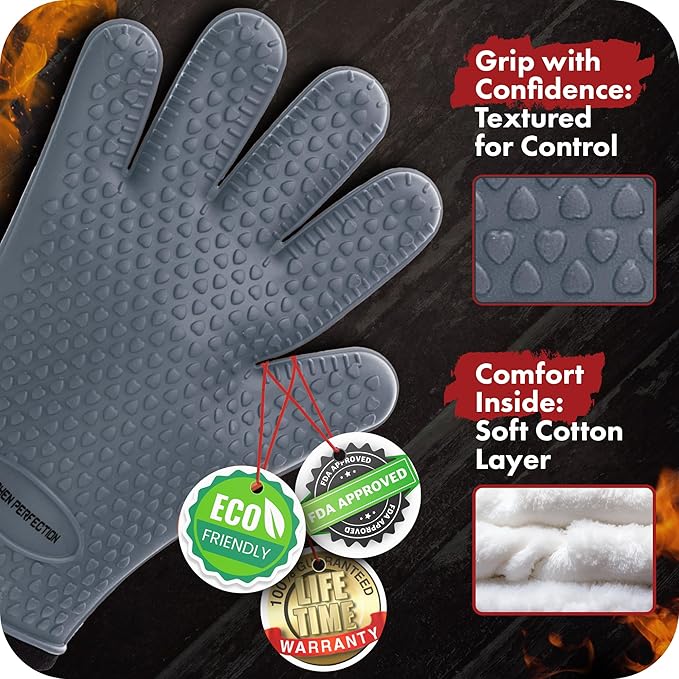 KITCHEN PERFECTION S Silicone Smoker Oven Gloves for Women -Extreme Heat Resistant BBQ Gloves -Handle Hot Food Right on Your Grill Fryer |Waterproof Oven Mitts Cooking Gloves |Superior Set+3 Bonuses