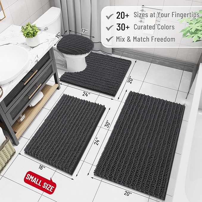 Arotive Luxury Chenille Bathroom Rug Mat, Extra Soft Thick Absorbent Shaggy Bath Rugs, Non-Slip Machine Wash Dry, Plush Bath Mats for Bathroom, Shower and Tub, 50x30, Dark Grey