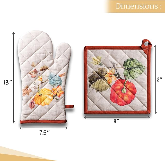 Maison d' Hermine 100% Cotton Oven Mitt & Pot Holder Set (7.5"x13" & 8"x8") Heat Resistant BBQ Cooking Gloves with Loop, Baking, Grilling, Kitchen, Handling Hot Pans (Potiron)