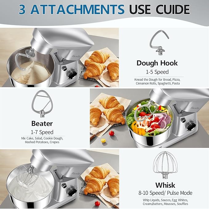 Facelle Stand Mixer, 10-Speed 6QT Kitchen Electric Mixer, Tilt-Head Food Mixer with Beater, Dough Hook, Wire Whip and Egg Separator, scraper for Most Home Cooks - Silver