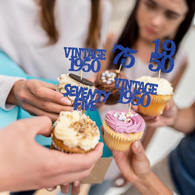 Gyufise 24Pcs Vintage 1950 Cupcake Toppers Glitter Cheers to 75 Fabulous Seventy Five Cupcake Picks 75th Birthday Wedding Anniversary Party Cake Decorations Supplies Deep Blue