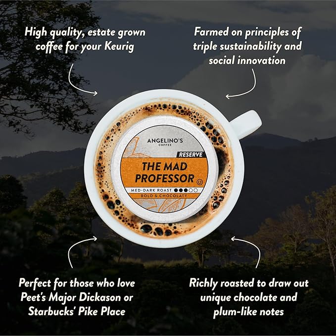 Angelino's Coffee Mad Professor Coffee Pods - Major Colombian Blend, Medium to Dark Roast coffee K Cups compatible, Reserve, Place of Origin: Colombia, Dark Chocolate, Nectarine & Plum Notes, 24 Count - Premium Coffee for Keurig Machines