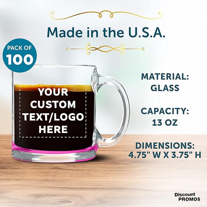 Custom Libbey Clear Glass Coffee Mugs 13 oz. Set of 100, Personalized Bulk Pack - Perfect for Coffee, Tea, Espresso, Hot Cocoa, Other Beverages - Pink Bottom