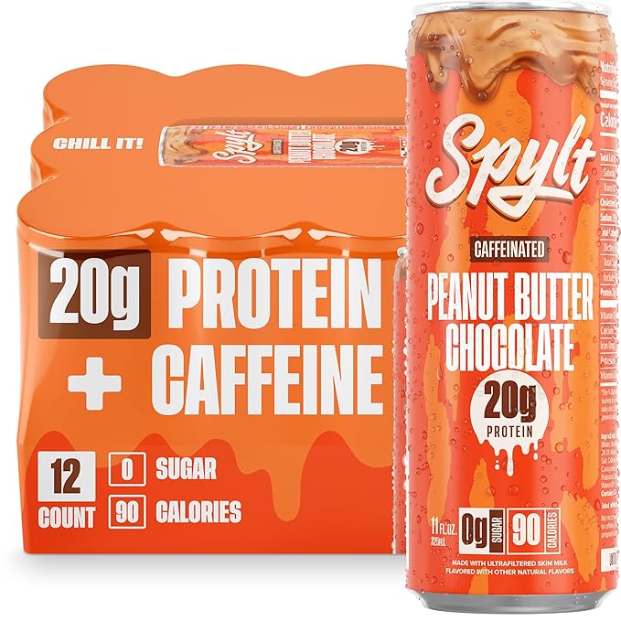 Spylt High Protein Peanut Butter Chocolate Milk with 60mg Caffeine & 20g Protein - 90 Calories, Ready to Drink, Sugar Free, Lactose Free Milk, Perfect for Workout Recovery & Afternoon Pick Me Up - 12 Count