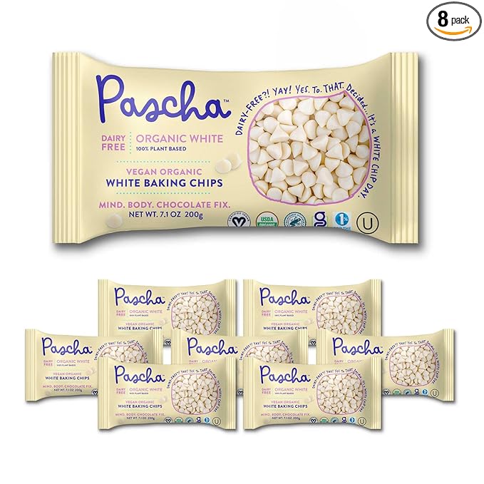 Pascha Organic Vegan White Baking Chips - Dairy-Free Alternative - Rice-Based Bulk Baking Chocolate - Allergen-Free & Plant-Based - Rainforest Alliance Certified Cocoa Butter, (Pack of 6)