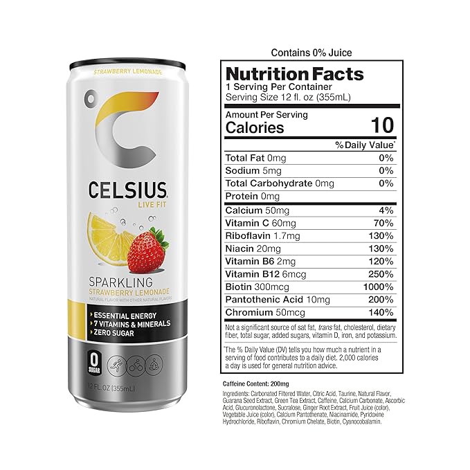 CELSIUS Sparkling Strawberry Lemonade, Functional Essential Energy Drink, 12 Fl Oz (Pack of 12)