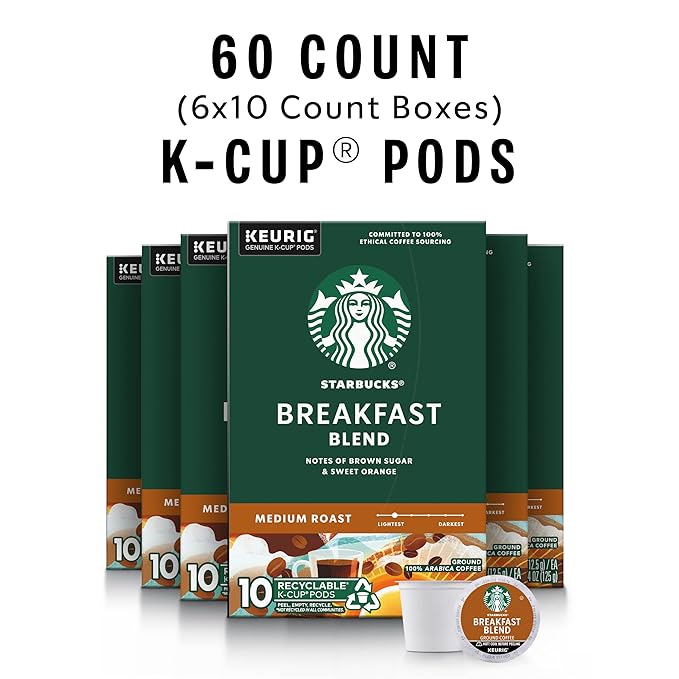 Starbucks K-Cup Coffee Pods, Medium Roast Coffee, Breakfast Blend for Keurig Brewers, 100% Arabica, 6 boxes (60 pods total)