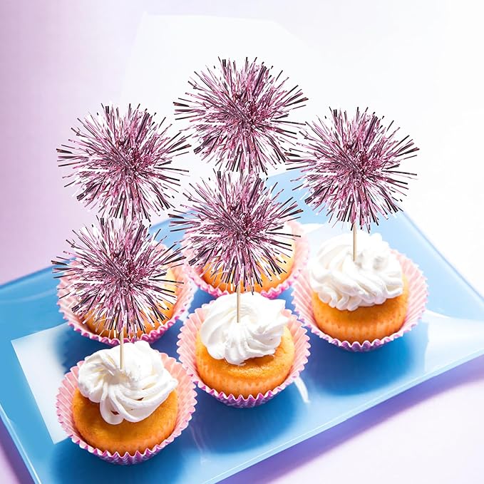 40 PCS Foil Firework Cupcake Toppers Sparkle Tinsel Cupcakae Picks Sparkler Fireworks Party Decorations Cocktail Fruit Toothpick for Birthday Wedding Graduation Party Decorations Supplies Pink