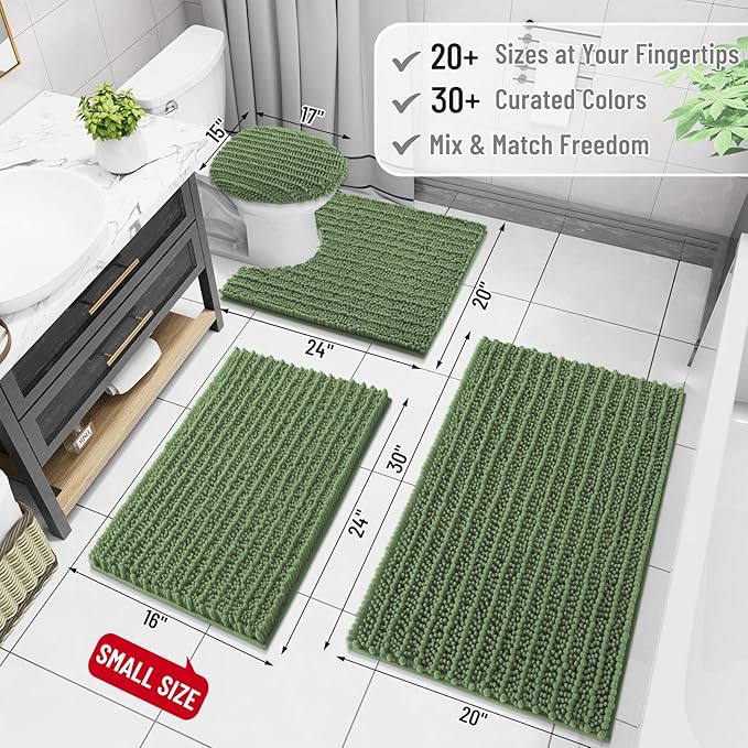 Arotive Luxury Chenille Bathroom Rug Mat, Extra Soft Thick Absorbent Shaggy Bath Rugs, Non-Slip Machine Wash Dry, Plush Bath Mats for Bathroom, Shower and Tub, 24x16, Olive Green