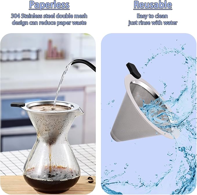Small Size Pour Over Coffee Filter Dripper, Stainless Steel Metal Cone Drip Coffee Filter, Paperless and Permanently Reusable, Double Mesh Coffee,Tea Filter for 1-2 Cups
