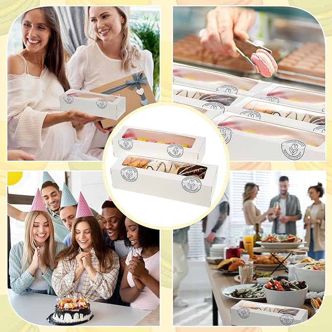 Sherr 50 Pcs White Macaron Boxes with Window, Cookies Boxes with 200 Pcs Stickers Long Bakery & Dessert Gifts Containers for Donuts, Pastry, Chocolate Covered Strawberry