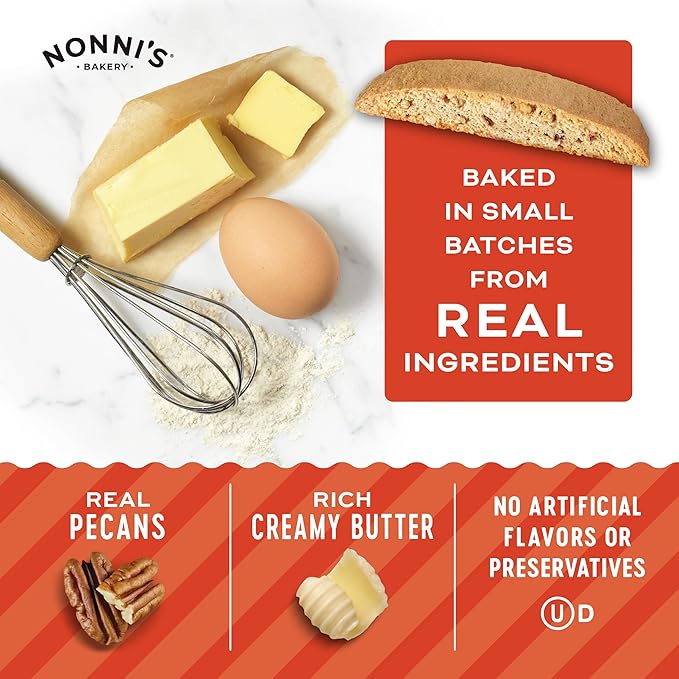 Nonni's Brown Butter Pecan Biscotti, Nutty Pecan Cookie with Rich Browned Butter Flavor, 8 Individually Wrapped Bakery Snacks, 5.52 oz, 6 Pack