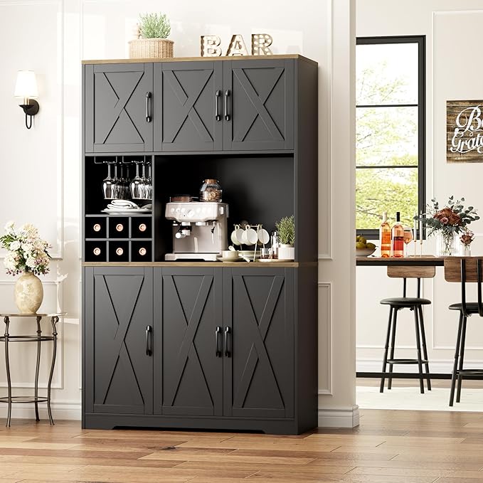 HOSTACK Kitchen Pantry Storage Cabinet, 71" Tall Food Pantry Cabinet with Microwave Stand, Farmhouse Kitchen Hutch, Coffee Bar Hutch with Wine Rack for Dining Room, Living Room, Black