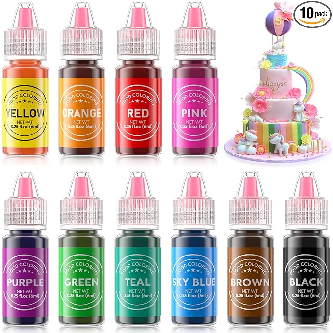 Food Coloring Liquid 10 Colors for Baking,Cherrysea Food Grade Cake Food Coloring Set for Halloween,Fondant,Cookies,Icing,Easter Egg Dessert Decorating Making DIY Supplies Kit- 0.25 Fl. oz (6