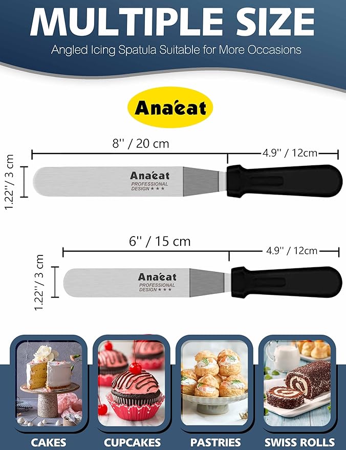 Anaeat Icing Spatulas, Set of 2 Professional Cake Angled Offset Spatula with 6", 8" Stainless Steel Blades - Thickened Frosting Knife with Durable Plastic Handle for Cake Decorating Pastry & Baking