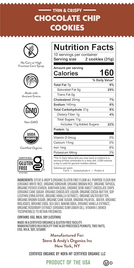 Steve & Andy’s Thin & Crispy Scrumptious Chocolate Chip Cookies - Organic & Gluten Free, Non-Gmo, Nut Free, Wheat Free, Soy Free - 1 Box, 5.5 Oz (10 Cookies)